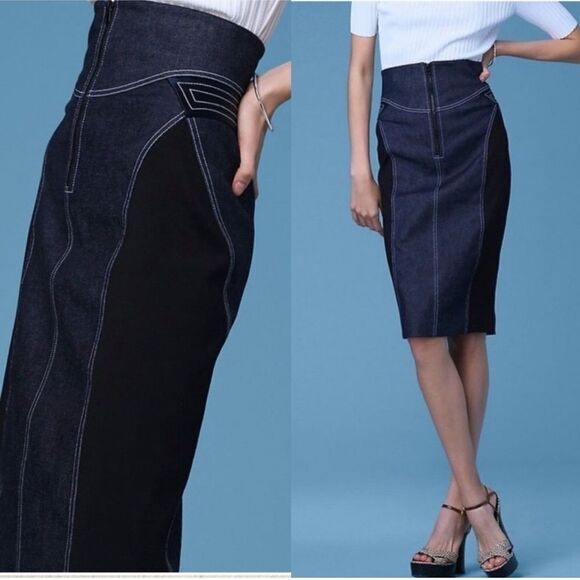 Diane Von Furstenberg InBan Design Band Zip Front Fitted Denim Jean Pencil Skirt - Picture 2 of 16